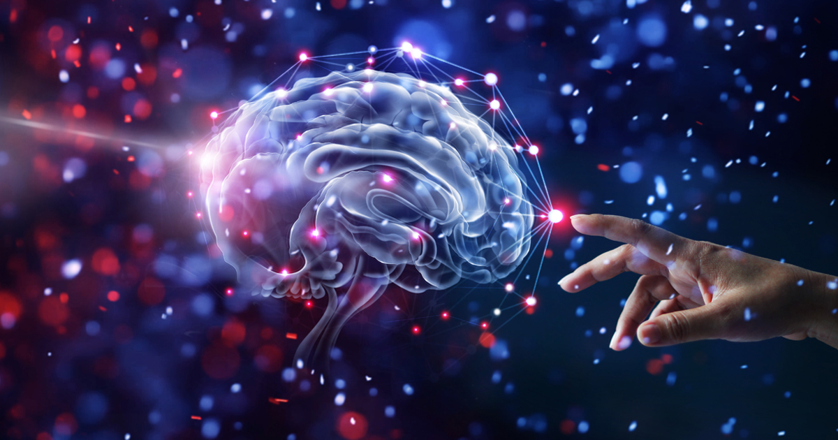 Illustration of a brain being touched by a human hand